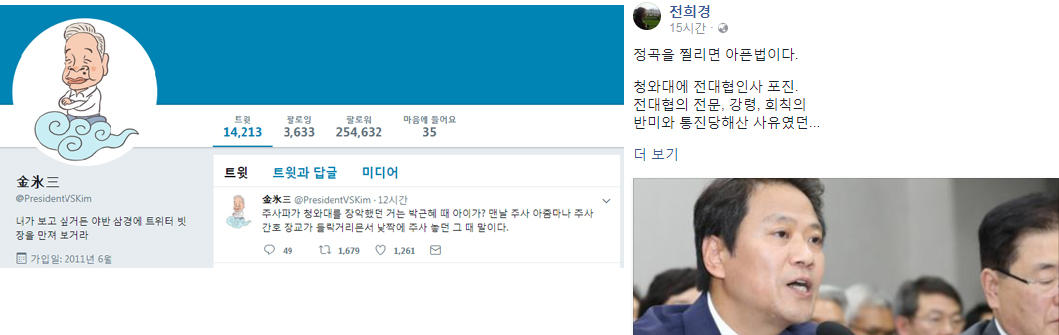 (출처=김빙삼 트위터(왼쪽), 전희경 페이스북.)
