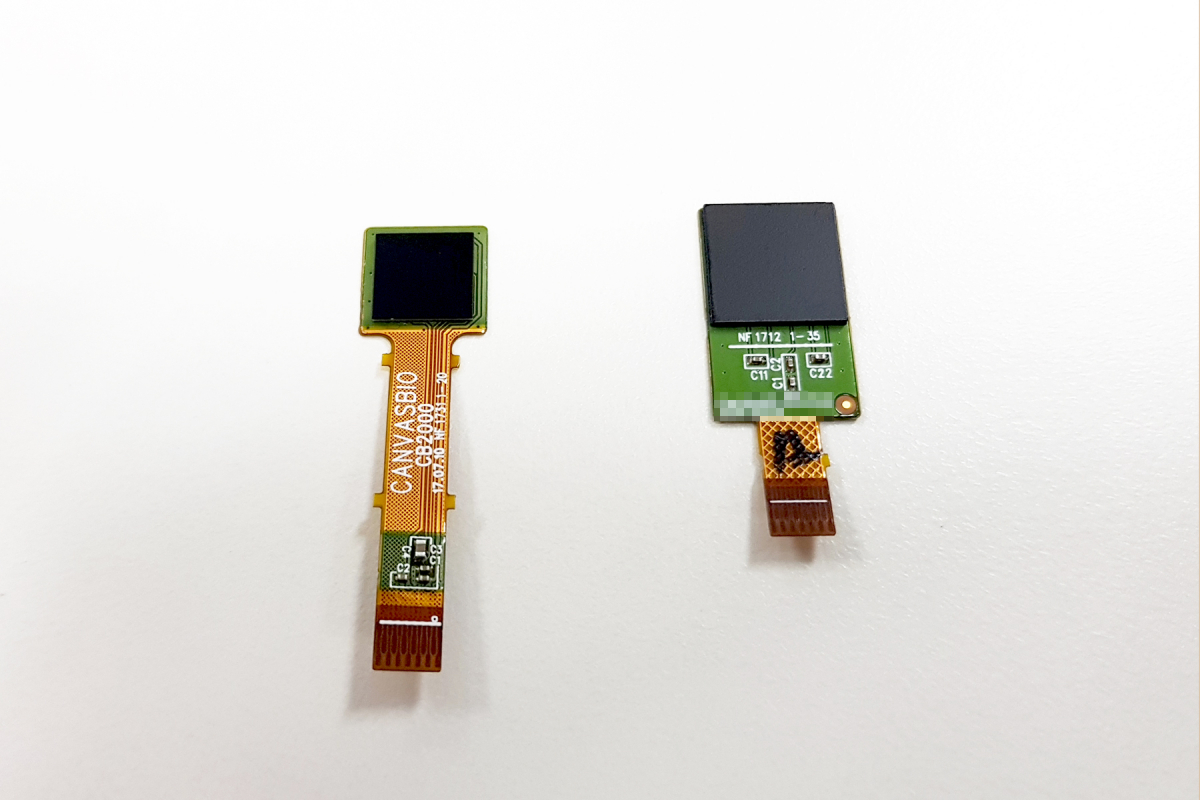 ▲크루셜텍 자회사 캔버스바이오가 개발한 초저가 지문인식 센서IC(왼쪽)와 기존 제품(오른쪽) 비교 모습.(사진=크루셜텍)