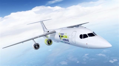 ▲에어버스와 롤스로이스, 지멘스가 개발 중인 하이브리드 전기 비행기 E-팬X. AP/뉴시스
