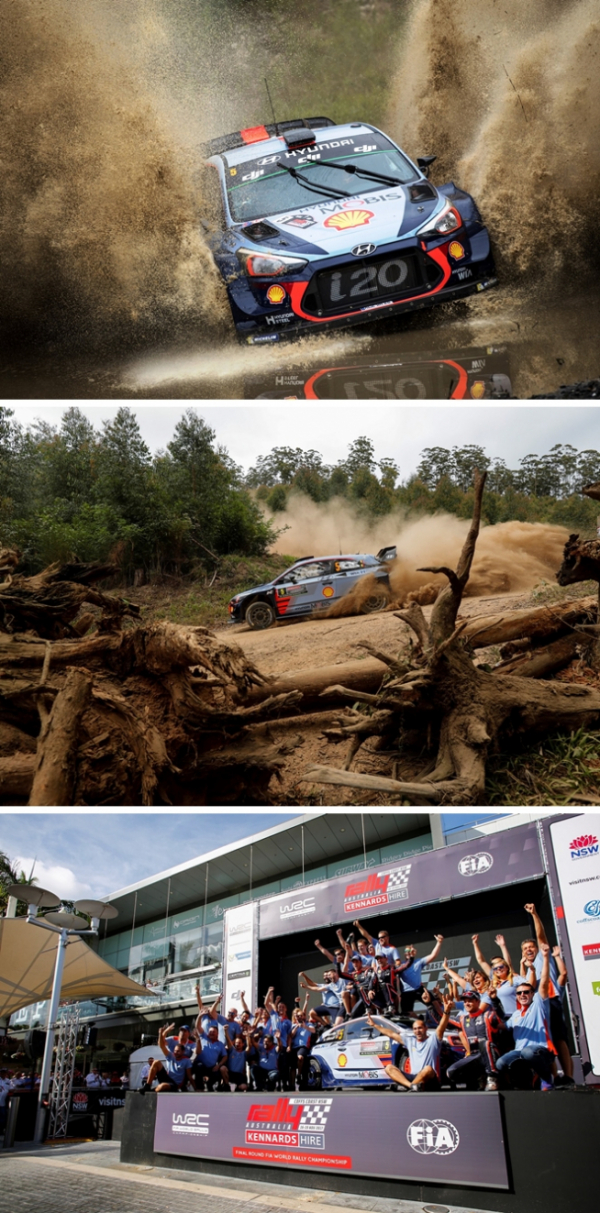 ▲2017 WRC 마지막 대회(10차전)인 호주 랠리에 참가해 경기를 펼치고 있는 현대차의 신형 i20 랠리카의 모습과 시상식 모습. (사진제공=현대차)