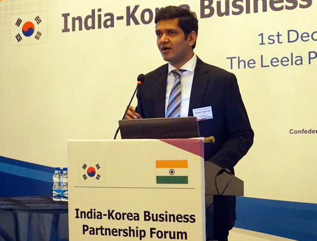 ▲1일(현지시간) 인도 뉴델리 릴라팰리스 호텔에서 열린 ‘한인도 비즈니스 파트너십 포럼’ 행사에서 한국과 인도 기업간 협력을 통한 공동 성장방안에 대한 발표를 하고 있는 푸닛 아가왈(puneet agarwal) CJ다슬 사장.(사진제공=CJ대한통운)