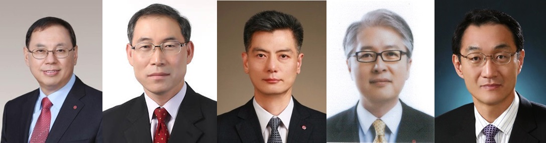 ▲왼쪽부터 조성진 LG전자 부회장, 송대현 생활가전(H&A) 본부장, 황정환 모바일커뮤니케이션(MC)사업본부장, 권봉석 홈엔터테인먼트(HE)사업본부장, 이우종 차량부품(VC)사업본부장.  