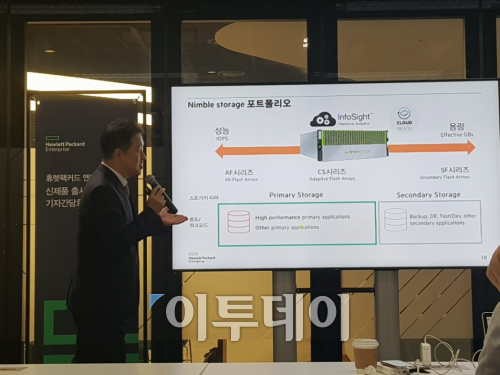 ▲12일 서울 여의도 신사옥에서 이경근 HPE 스토리지 사업부 상무가 HPE 인포사이트에 대해 설명하고 있다.  (오예린 기자 yerin2837@)