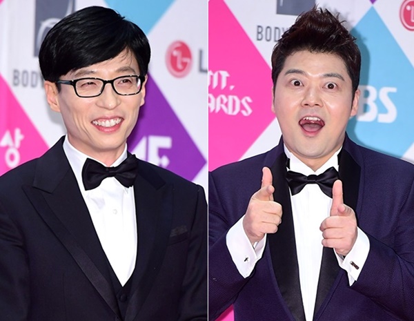 ▲방송인 유재석(왼쪽)과 전현무(사진=비즈엔터DB)