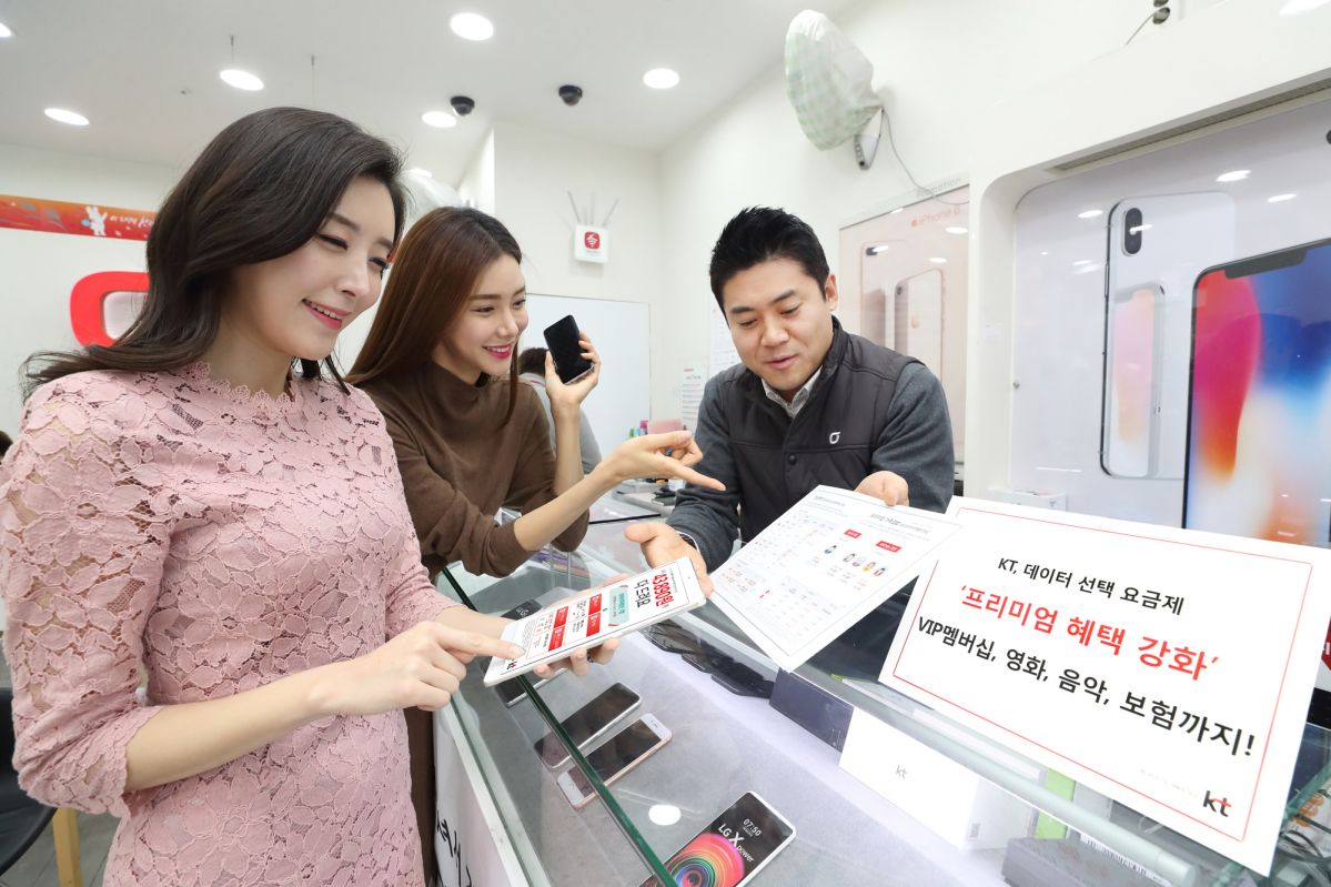 ▲KT모델들이 LTE 데이터선택 87.8과 109 요금제 추가된 혜택을 소개하고 있는 모습(KT)