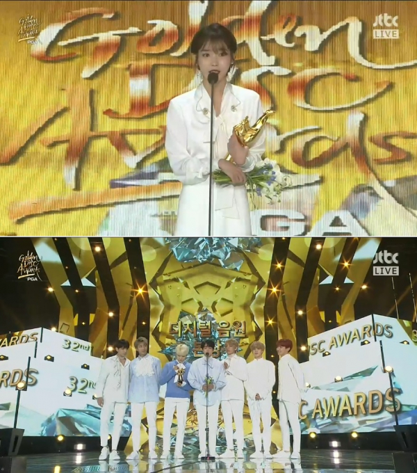 ▲아이유(위) 방탄소년단(사진=JTBC '2018 골든디스크')