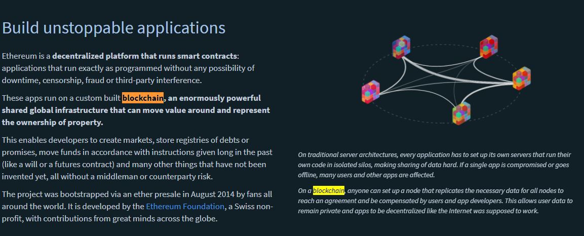 ▲최근 가상화폐(암호화폐·가상통화)와 블록체인을 분리해 규제와 육성을 하자는 정부의 인식이 논란이 되고 있다. 사진은 블록체인 플랫폼 가상화폐인 이더리움 재단의 홈페이지 화면캡처.