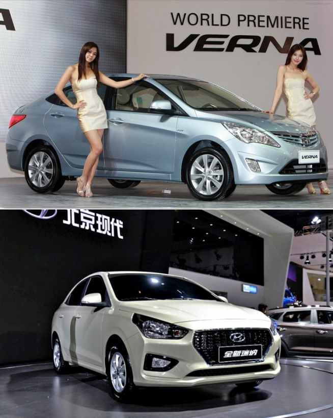 ▲지난해에 이어 올 한해도 중국 자동차 시장은 사실상 성장률 '제로'를 이어갈 것으로 전망되면서 출혈 경쟁이 심화될 것으로 우려된다. 사진 위는 1세대 베르나, 아래는 후속모델인 루이나의 모습. 가격은 1세대(7만5000위안)보다 2만5000위안 낮췄다. (사진제공=현대차, 오토차이나)