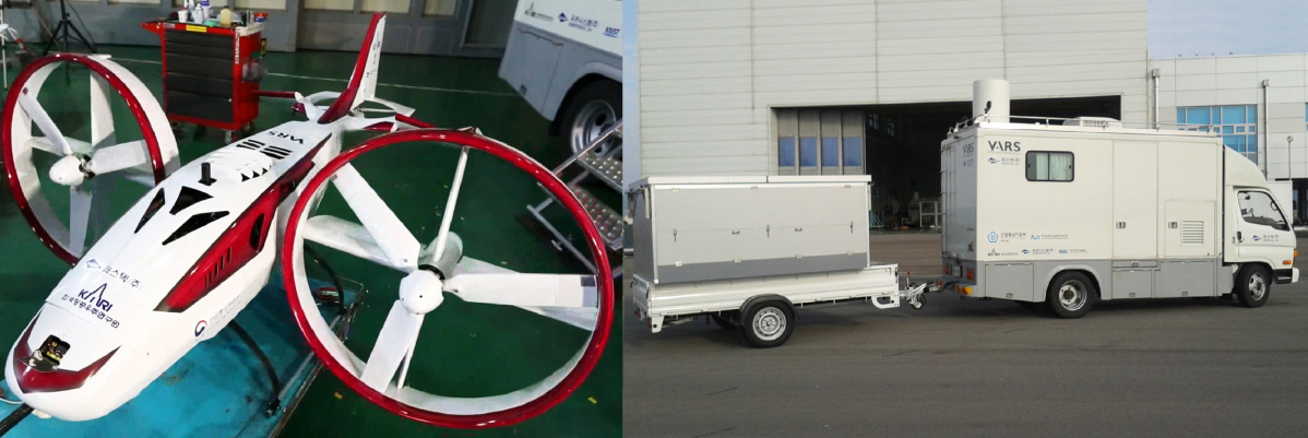 ▲틸트덕트 수직이착륙 비행로봇시스템 중 한국항공우주연구원이 개발한 비행체(왼쪽)와 퍼스텍이 개발한 이동식 지상통제장비(오른쪽)(사진=퍼스텍)