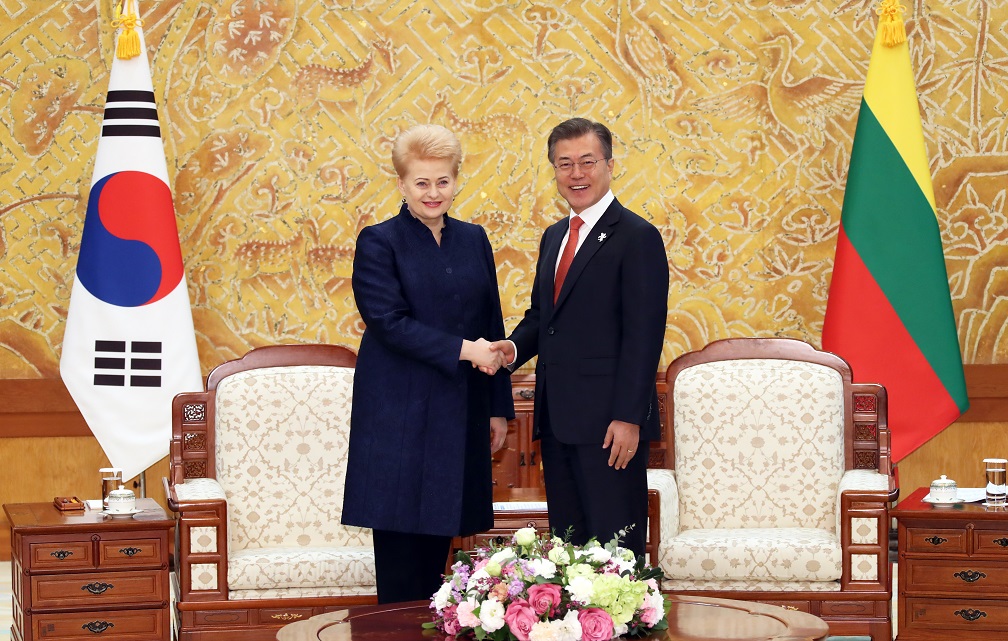 ▲문재인 대통령이 7일 오후 청와대에서 달리아 그리바우스카이테 리투아니아 대통령과 정상회담을 하기 앞서 악수하고 있다.(연합뉴스)