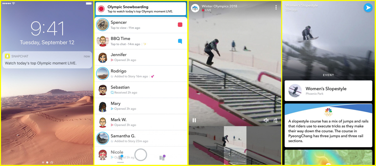 ▲모바일 메신저 앱 스냅챗의 평창올림픽 생중계 서비스 ‘라이브’. 제공=스냅
