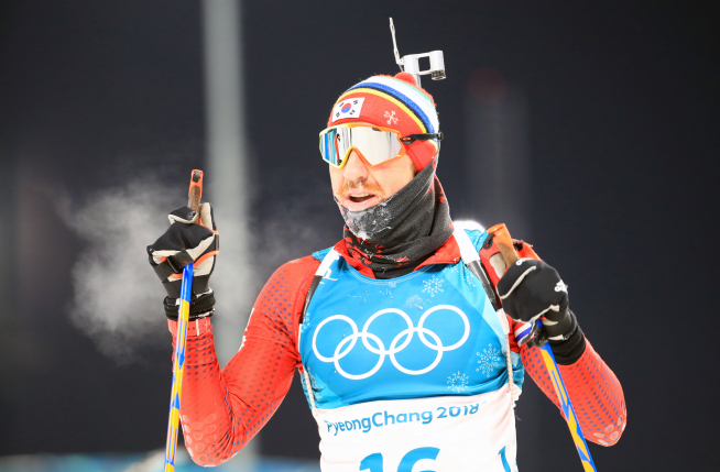 ▲12일 평창 알펜시아 올림픽파크 내 바이애슬론 센터에서 열린 남자 추적 12.5km 경기에 출전한 한국의 티모페이 랍신이 결승선을 통과하고 있다.(연합뉴스)