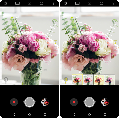 ▲2018년형 LG V30로 꽃을 비추자(좌측사진), 꽃에 최적화된 화질 알고리즘을 추천(우측 사진)해주는 장면.(사진제공=LG전자 )