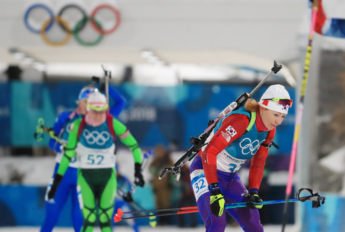 ▲12일 평창 알펜시아 올림픽파크 내 바이애슬론 센터에서 열린 여자 추적 10km 경기에서 한국의 안나 프롤리나가 슈팅 레인지에 들어오고 있다.(연합뉴스)