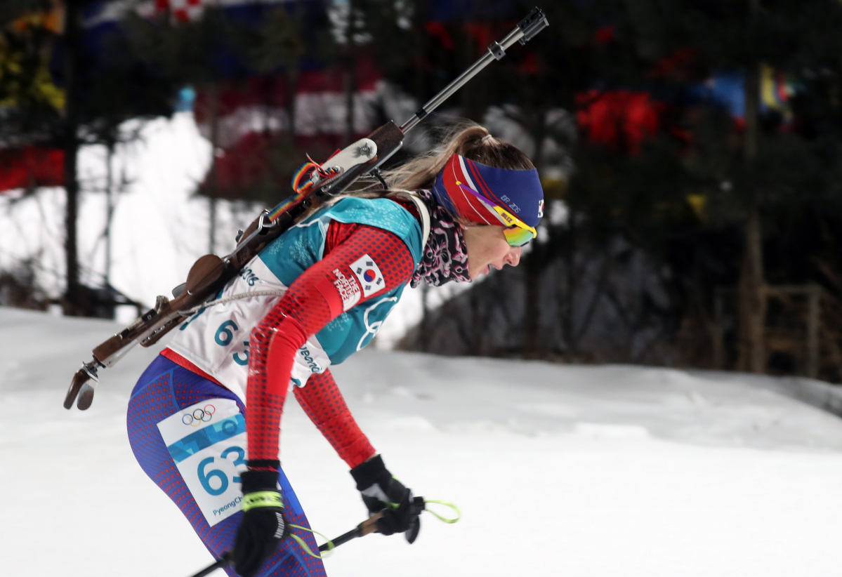 ▲10일 강원도 평창군 알펜시아 바이애슬론센터에서 열린 2018 평창동계올림픽 바이애슬론 여자 7.5㎞ 스프린트 경기에서 한국의 예카테리나 아바쿠모바가 역주하고 있다.(연합뉴스)