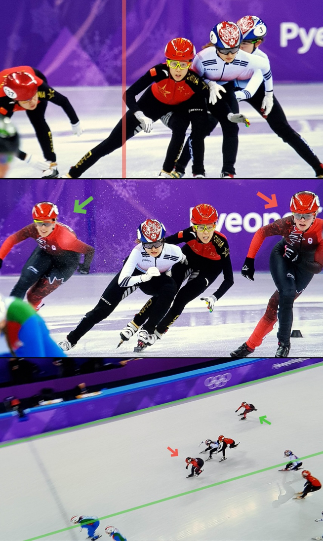 ▲1. 중국 판커신이 한국 최민정을 미는 장면.2. 주자(녹색 화살표)가 아닌데도 주로로 나와 진로방해하는 캐나다 선수(빨간 화살표).(출처=ISU)