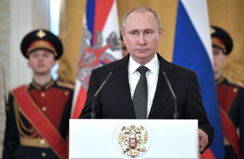 ▲블라디미르 푸틴 러시아 대통령이 23일(현지시간) 크렘린궁에서 연설하고 있다. 모스크바/AP뉴시스
