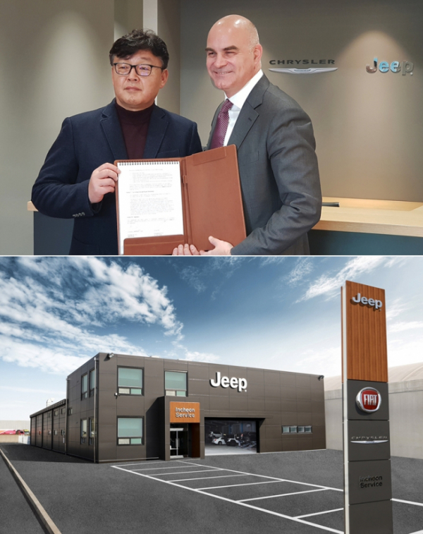 ▲FCA코리아 파블로 로쏘 대표(오른쪽)가 JK모터스와 인천지역 지프 딜러사 계약을 체결했다. (사진제공=FCA코리아)