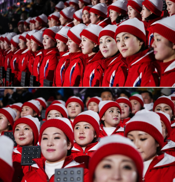 ▲북한 응원단이 개막 이틀째인 10일 각각 쇼트트랙과 여자 아이스하키 남북 단일팀 응원에 나선다. 사진은 전날 개막식에서 행사를 기다리는 북한 응원단의 모습. (뉴시스)