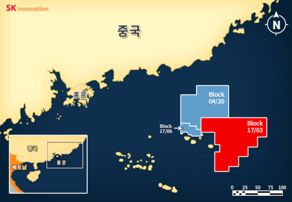 ▲SK이노베이션은 이번에 남중국해에 위치한 PRMB 17/03 광구에서 원유 탐사를 성공했으며, 인근 지역에는 04/20 광구와 17/08 광구가 위치해있다.(사진제공=SK이노베이션)