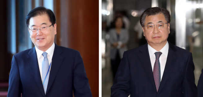 ▲청와대가 4일 오후 청와대에서 정의용 청와대 국가안보실장(왼쪽)과 서훈 국가정보원장 등 대북특별사절단 명단을 발표했다. (연합뉴스)