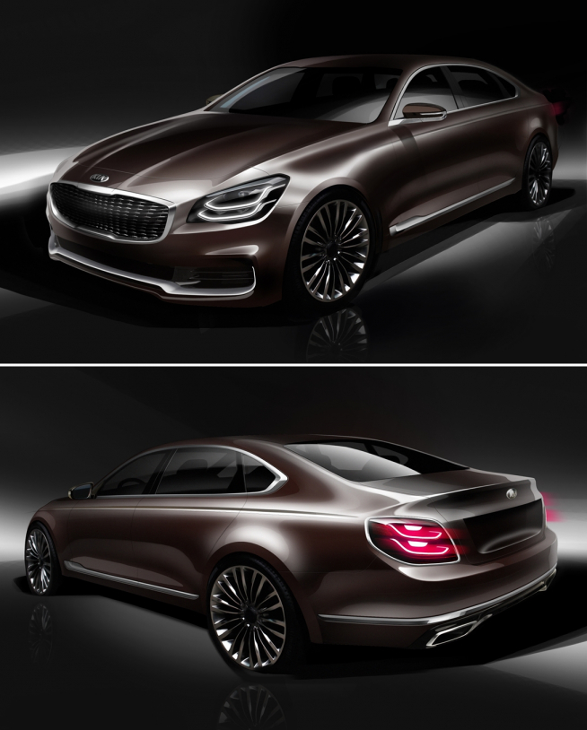 ▲기아차가 K9 렌더링 이미지를 공개했다. 풍부한 볼륨감이 새 모델의 특징이다. (렌더링=기아차)