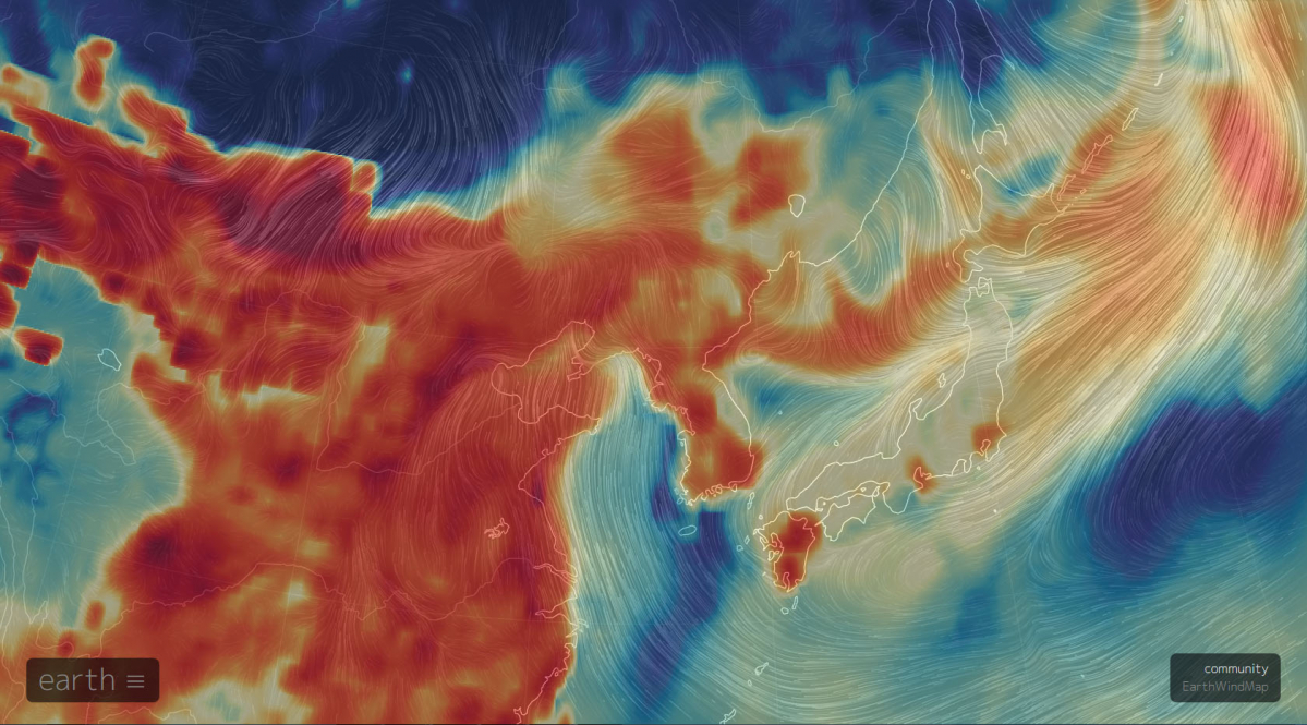 ▲14일 오전 9시 미세먼지 상황.(출처= Nullschool map)