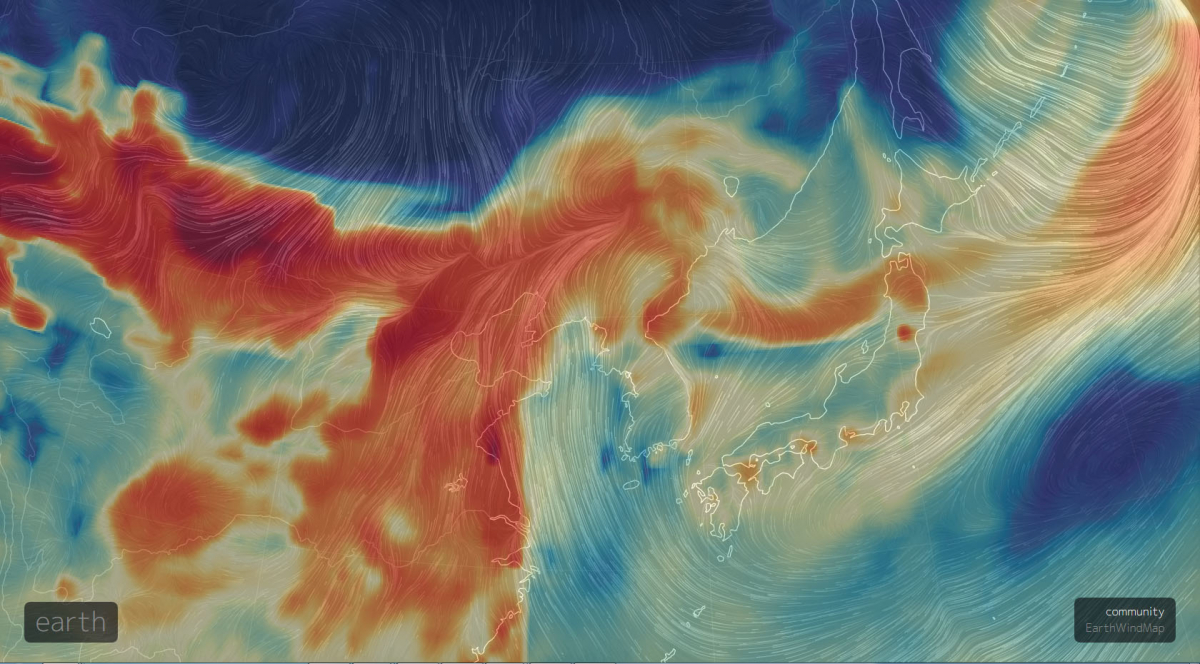 ▲15일 오전 9시 미세먼지 상황(예정).(출처= Nullschool map)