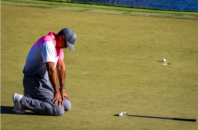 ▲타이거 우즈가 퍼팅한 볼이 홀 근처에 멈추자 무릎을 꿇고 아쉬워 하고 있다.