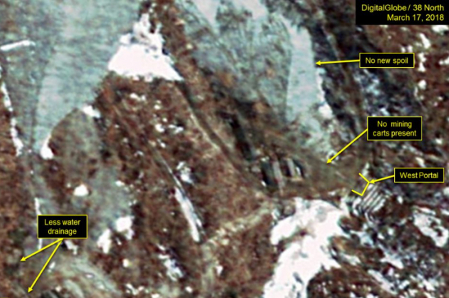 ▲38노스가 공개한 지난 17일 풍계리 핵실험장 일대 위성사진. 굴착 공사가 눈에 띄게 더뎌졌고, 관련 인부도 2주 전보다 줄었다는 정황이 나타났다.(사진제공=38노스 홈페이지 캡처)