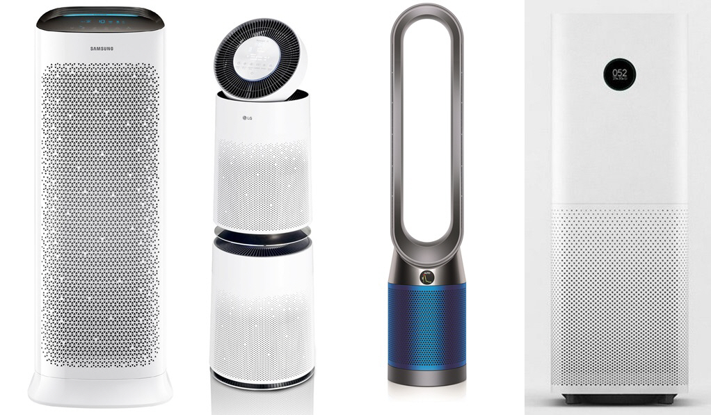 ▲삼성 블루스카이 7000, LG 퓨리케어 360°, 다이슨 퓨어 쿨, 샤오미 미에어2 제품 사진. 사진제공=각 사