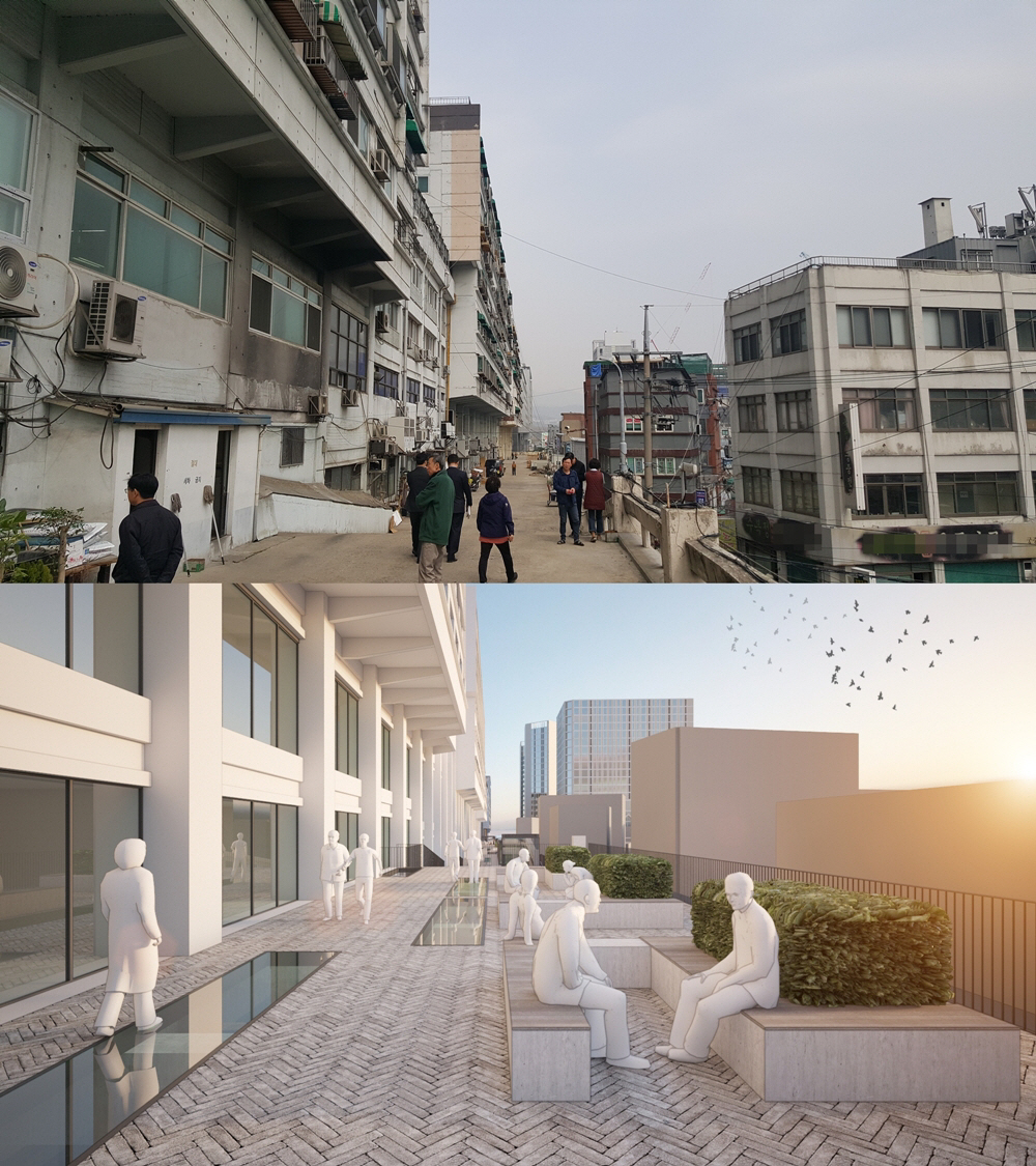 ▲종묘에서 남산까지 이어지는 세운상가군 공중보행로 개통 등 서울시 도시재생사업  ‘다시·세운 프로젝트’ 2단계가  추진된다. 현재 위 사진과 같은 형태의 보행로가 아래 사진과 같은 형태로 바뀌어 종묘와 남산을 연결할 예정이다.(출처 : 사진 위 = 김정웅 기자@, 사진 아래 = 서울시 제공)