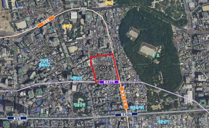 ▲‘익선 지구단위계획 결정안’이 통과된 익선동 사업 대상지(사진=서울시)