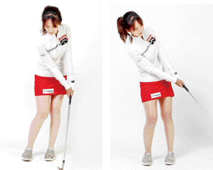 ▲어프로치는 스윙의 크기가 작아 체중이동을 만들기 어렵기 때문에 사진 왼쪽처럼 몸의 중심이동을 하지 않고 백스윙·임팩트·폴로스루까지 모두 왼발에 축을 잡아 스윙을 해야 한다.