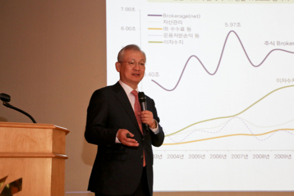 ▲정영채 NH투자증권 신임 사장이 23일 오전 여의도 NH투자증권 본사에서 열린 기자간담회에서 사업 비전에 대해 발표하고 있다. (사진제공=NH투자증권)