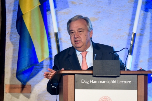 ▲안토니오 구테흐스 유엔 사무총장이 22일(현지시간) 스웨덴 웁살라에서 열린 다그 함마르셀드 강의에 나와 연설을 하고 있다. 웁살라/로이터연합뉴스
