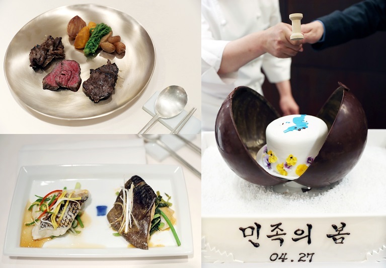 ▲27일 열릴 남북정상회담 만찬에 쓰일 메뉴들. (사진 왼쪽 상단부터 시계방향으로)서산 한우 부위별 구이, 망고무스 '민족의 봄', 도미찜과 메기찜.(사진제공=청와대)