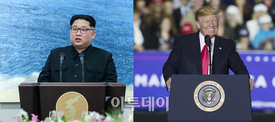 ▲27일 판문점에서 문재인 대통령을 만난 김정은 북한 국무위원장(왼쪽)과 28일 미시간주 유세 집회에서 발언 중인 도널드 트럼프 미국 대통령(오른쪽). 파주,미시간/EPA연합
