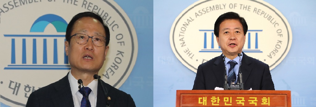 ▲더불어민주당 홍영표의원(사진 왼쪽)과 노웅래 의원이 지난주 각각 국회 정론관에서 원내대표선거 출마선언 기자회견을 했다.(연합뉴스)