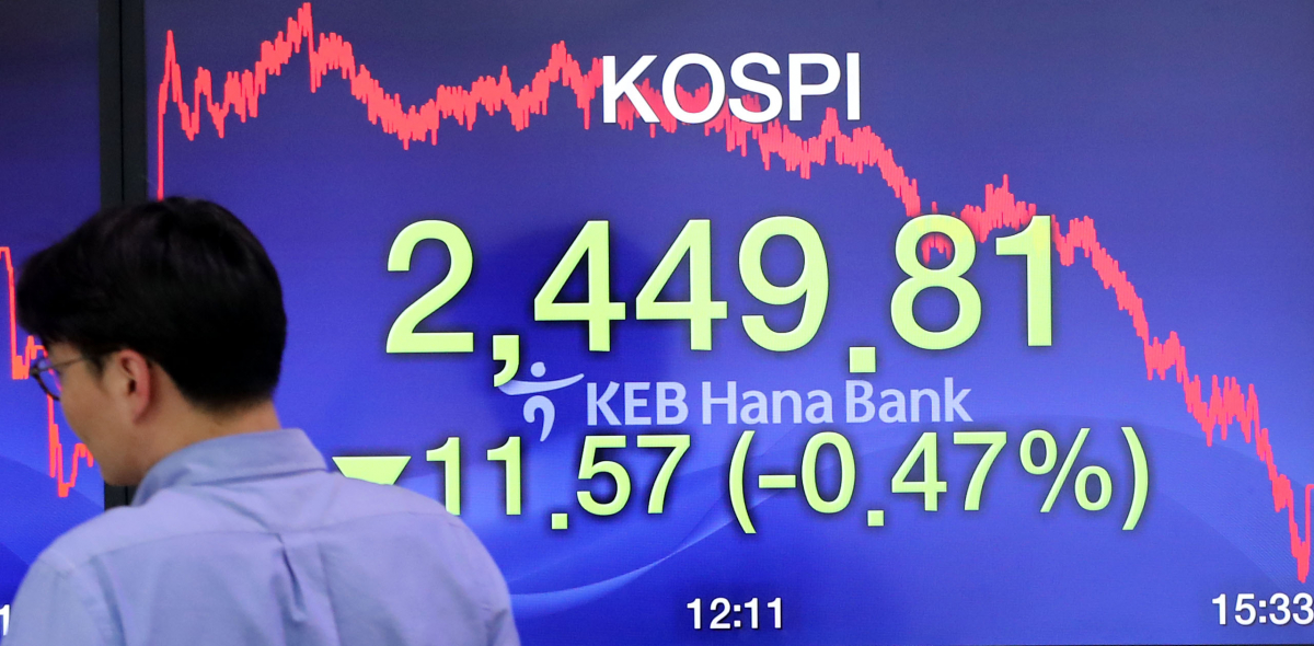 ▲8일 코스피지수가 전일 대비 11.57포인트(-0.47%) 하락한 2449.81에 장을 마감한 가운데 이날 오후 서울 중구 을지로 KEB하나은행 본점 딜링룸에서 딜러들이 업무를 보고 있다.(뉴시스)