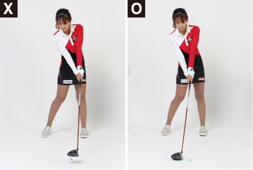 ▲올바른 임팩트 타이밍은 사진 오른쪽과 같이 클럽의 헤드가 휘둘러져서 볼을 맞출 수 있도록 몸이 기다려야 한다. 몸이 잡혀 있게 되면  스윙 궤도도 인-투-인이 되고 헤드가 올라가면서 맞추기 때문에 미스 샷이 줄어들게 된다.