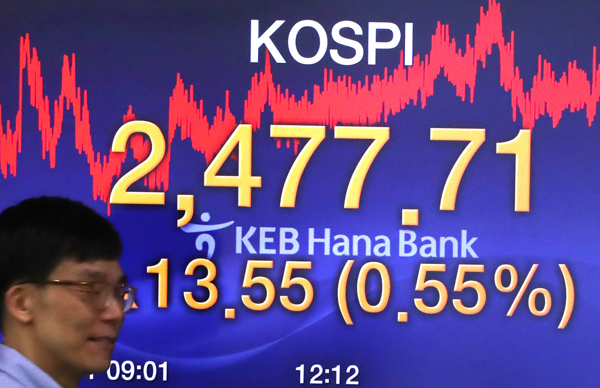 ▲코스피가 13.55포인트 상승한 2477.71로 장을 마감한 11일 오후 서울 중구 을지로 KEB하나은행 본점 딜링룸에서 한 딜러가 전광판 앞을 지나고 있다. (사진제공=연합뉴스)