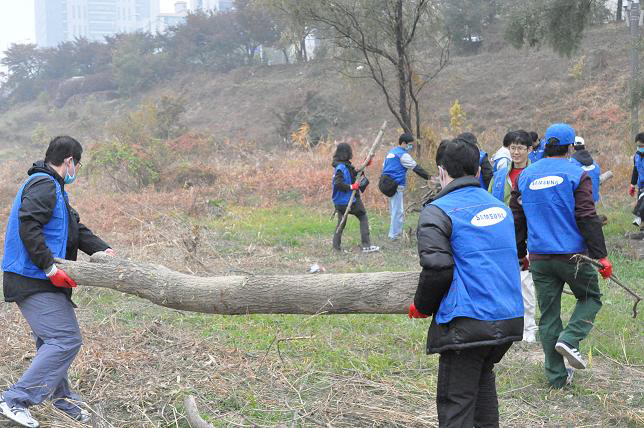 ▲삼성자산운용 임직원들이 샛강에서 생태정화 봉사활동에 참여하고 있다. (사진제공=삼성자산운용)