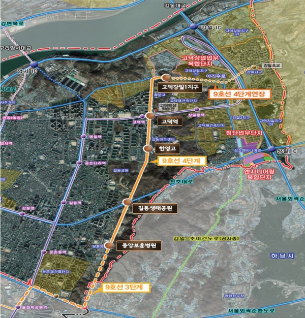 ▲중앙보훈병원~고덕강일1지구를 잇는 9호선 4단계 연장 예비 노선 사진사진=강동구청