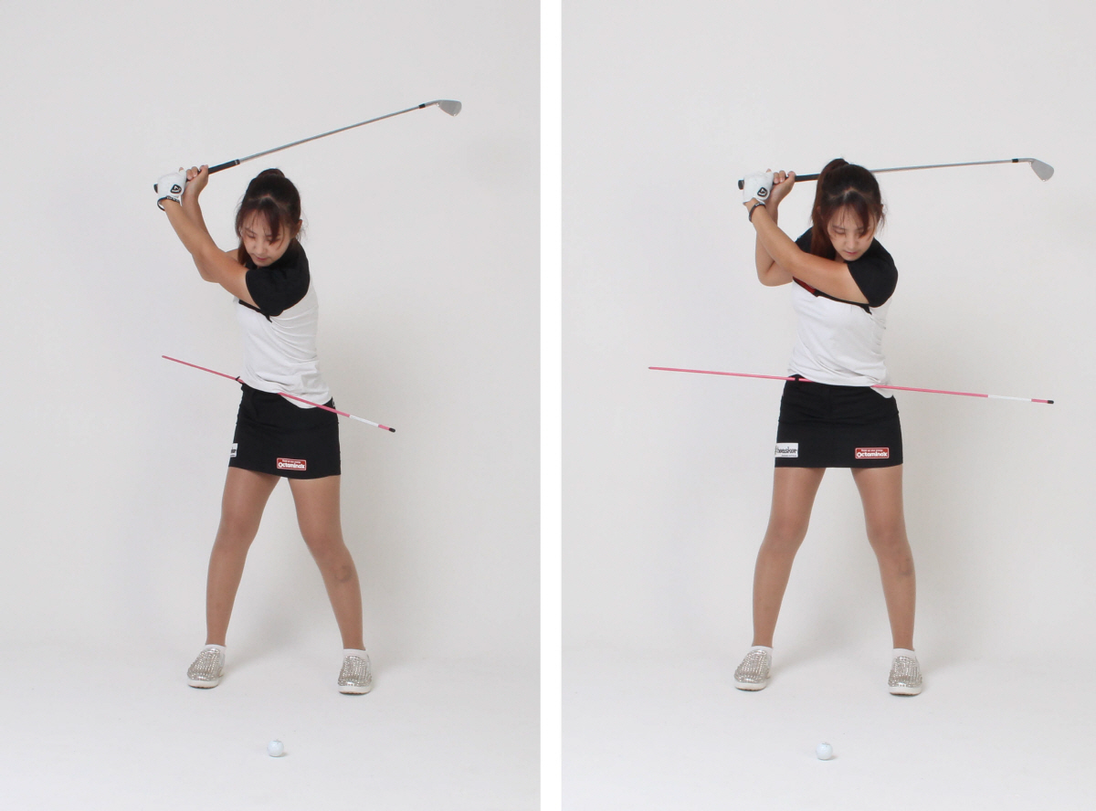 ▲백스윙을 할 때 꼬임이 있어야 임팩트가 강해지고 밀리는 동작도 교정이 되는데(왼쪽 사진), 하체를 밀리지 않게 위해 움직이지 않으면 오히려 부자연스러운 동작으로 팔로만 스윙을 하게 돼 일관된 스윙이 나오지 않게 된다.