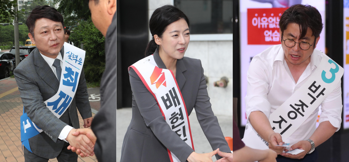 ▲서울 송파을 국회의원 재보궐 선거에 출마한 후보들이 7일 송파구 일대 거리에서 각각 시민들에게 지지를 호소하고 있다. 왼쪽부터 더불어민주당 최재성 후보, 자유한국당 배현진 후보, 바른미래당 박종진 후보. (연합뉴스)