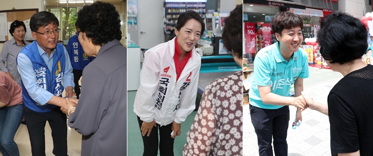 ▲서울 노원병 국회의원 재보궐 선거에 출마한 후보들이 노원구 일대 거리에서 각각 시민들에게 지지를 호소하고 있다. 왼쪽부터 김성환 더불어민주당 후보, 강연재 자유한국당 후보, 이준석 바른미래당 후보 (사진=연합뉴스)