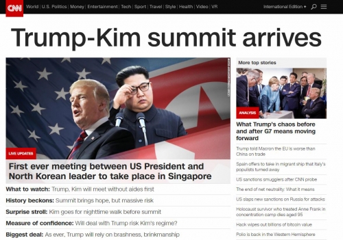 ▲11일(현지시간) 미국 CNN이 홈페이지에서 도널드 트럼프 미국 대통령과 김정은 북한 국무위원장의 회담을 비중있게 다루고 있다. 출처=CNN홈페이지 캡처.
