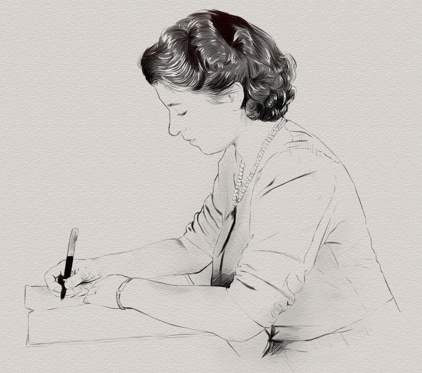 ▲만년필로 글씨를 쓰는 20세 때의 엘리자베스 여왕. 즉위 6년 전이다.