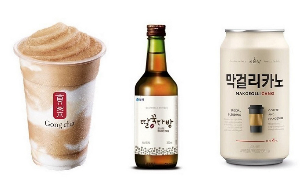 ▲공차코리아 ‘커피 밀크티 크러쉬’, 보해양조 ‘딸국다방’, 국순당 ‘막걸리카노’(왼쪽부터)